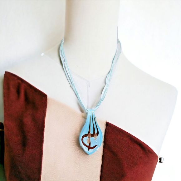 Art Glass Necklace Pendant Blue Shimmer Copper Foil Glitter Lamp Work Jewelry - Picture 1 of 8